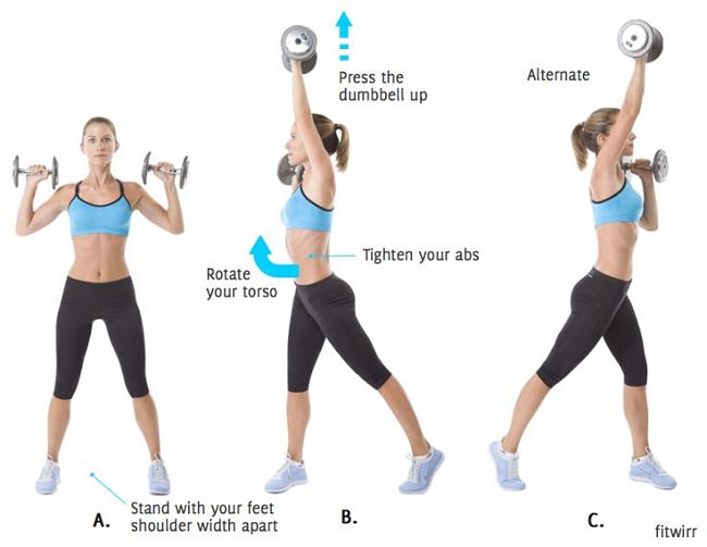 Dumbbell Squat to Alternating Shoulder Press and Twist Conditioning Exercise Using Hand Weights