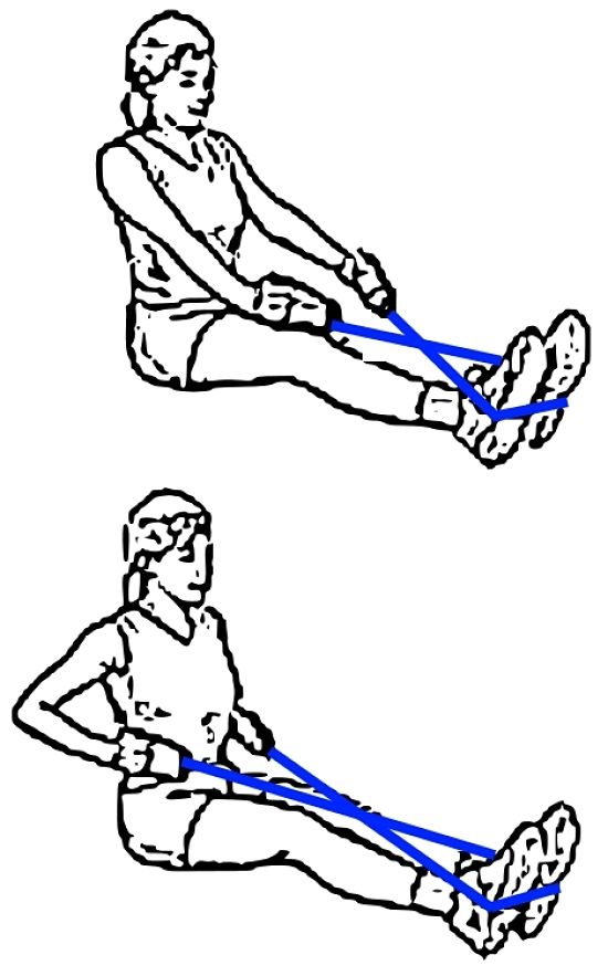 Rowing type exercise using resistance bands can be adapted to exercise the lower back and legs as well.